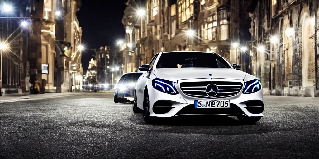 Prompt: mercedes e class standing on street on night direction into camera, black color, white wheels, white led spotlight, ultra realistic, wallpaper, looking like real