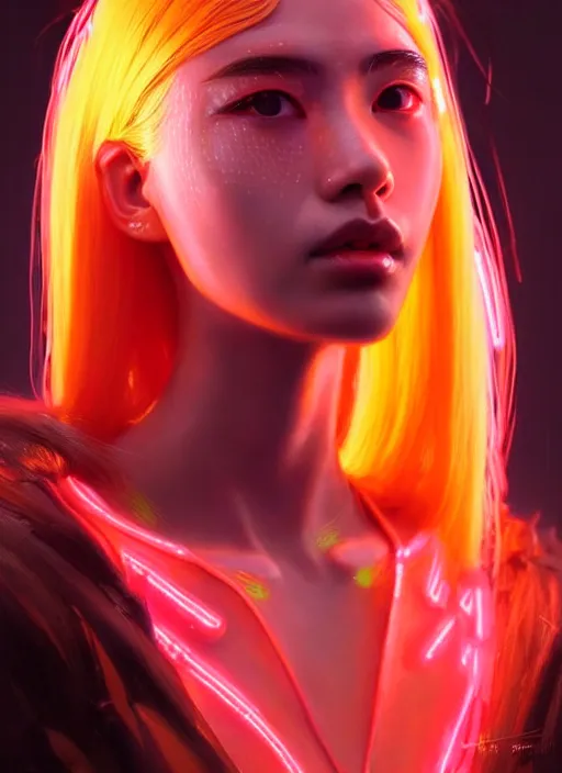 Prompt: photorealistic portrait of oriental female humanoid with freckle cheeks, dyed hair, cyber neon lightings, highly detailed, cyberpunk high fashion, elegant, crispy quality, trending in artstation, trending in pinterest, glamor pose, no signature, no watermark, cinematic, octane render, art by artgerm, art by greg rutkowski, art by pascal blanche