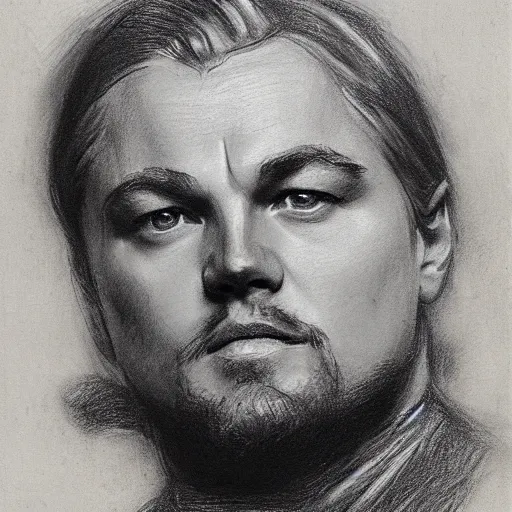 Image similar to portrait drawing of leonardo dicaprio, by ilya repin, russian academicism, charcoal, chalk, mix of hatching and smudging technique, john singer sargent