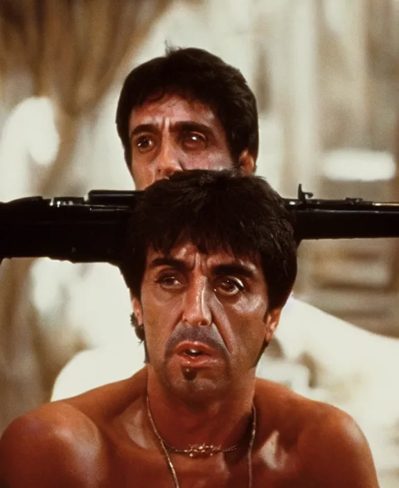 Prompt: tony montana from movie scarface 1 9 8 3. al pacino, extreme long shot, perfect symmetric face, coherent eyes, fine details, 4 k, ron cobb. cinestill