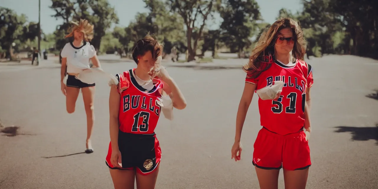 Image similar to attractive woman in bulls jersey and short shorts, high contrast, high saturation cinematic film still