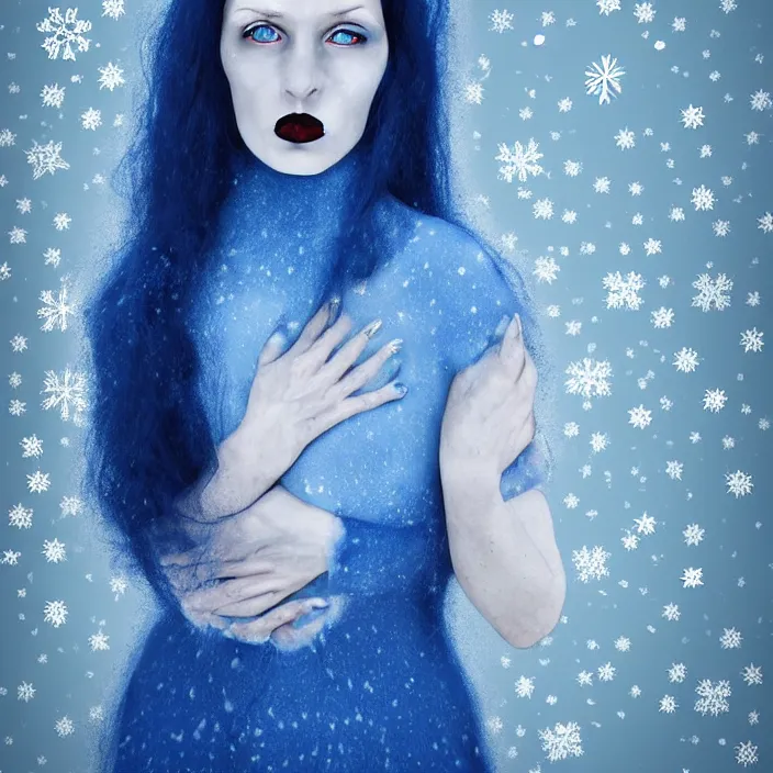 Prompt: a woman wearing a highneck dress made out of snowflakes. she is sickly looking and dying of hypothermia. very pale and blue lips. pale blue hair. full body digital portrait by maromi sagi