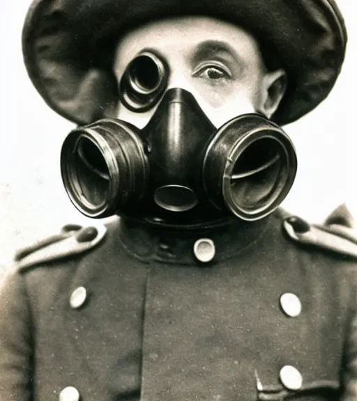 Prompt: person wearing gp5 gas mask, ww1 technicolor film photo, grainy, high detail, high resolution