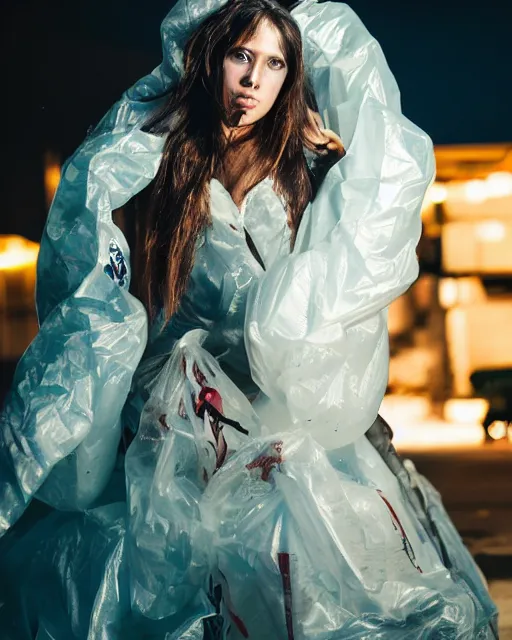 Image similar to a beautiful photo of a Young female with long hair and reflective eyes, Queen of trash wearing a gown made of plastic bags and trash, surrounded by trash all around and in the background, top cinematic lighting , very detailed, shot in canon 50mm f/1.2