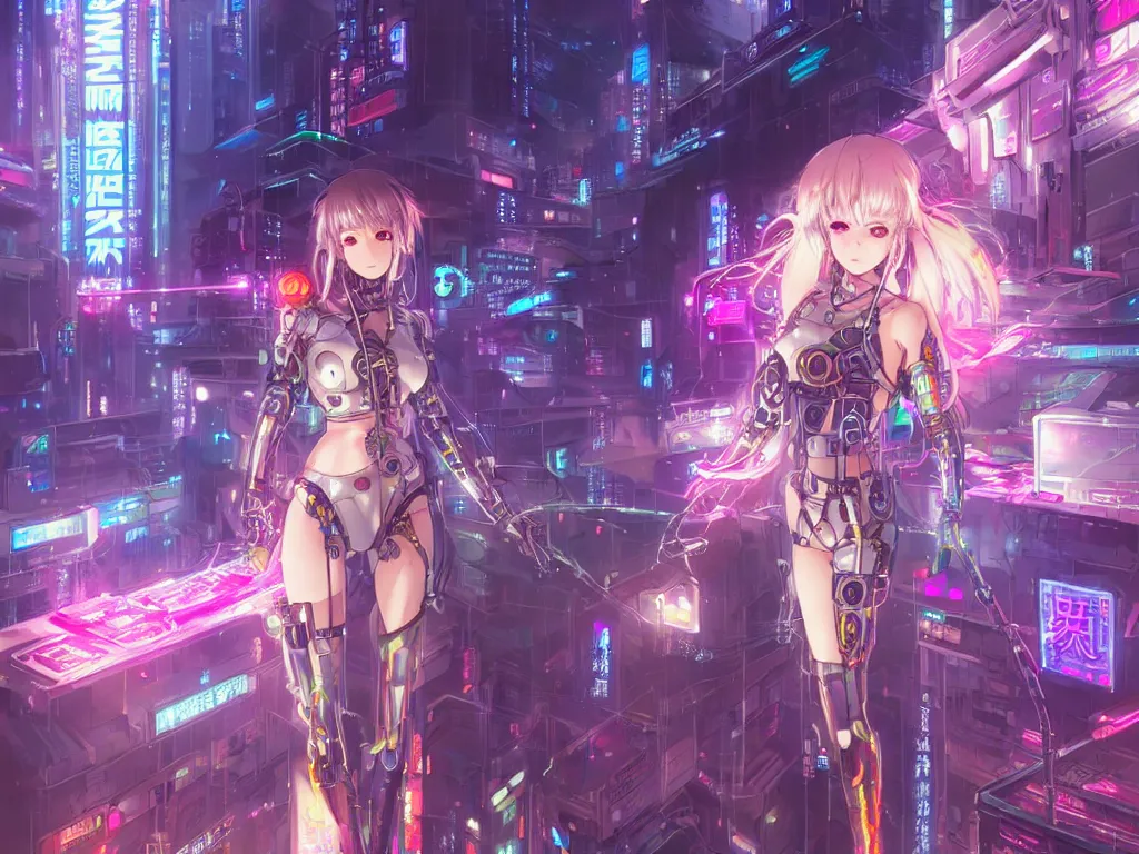 Image similar to anime key visual of futuristic cyber warrior girl, on cyberpunk tokyo rooftop, ssci - fi and fantasy, intricate and very beautiful, neon light, digital painting, artstation, concept art, smooth, illustration, art by rongzhen luo, rossdraws and huaixuan xiang and alphonse mucha and wlop