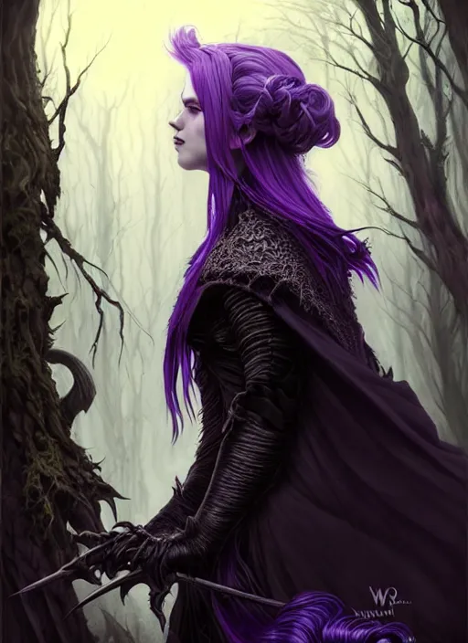 Image similar to side portrait dark witch, adventurer outfit large cloak, fantasy forest landscape, dragon scales, fantasy magic, undercut hairstyle, short purple black fade hair, dark light night, intricate, elegant, sharp focus, illustration, highly detailed, digital painting, concept art, matte, art by wlop and artgerm and ivan shishkin and andrey shishkin, masterpiece