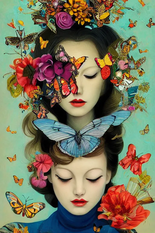 Prompt: illustration woman with exotic flowers on her head, eyes, butterflies, birds, surreal style, collage art by james jean, masterpiece, edward hopper and james gilleard, ross tran, mark ryden, wolfgang lettl, yayoi kasuma, photorealistic, vintage, dramatic, mixed media collage