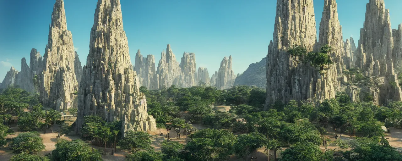 Image similar to single tower, golden babylon tower, beight stone, sacred ancient architecture, hanging gardens, cascading highrise, arid mountains with lush palm forest, sunlight, post - production, octane, cgi, sfx