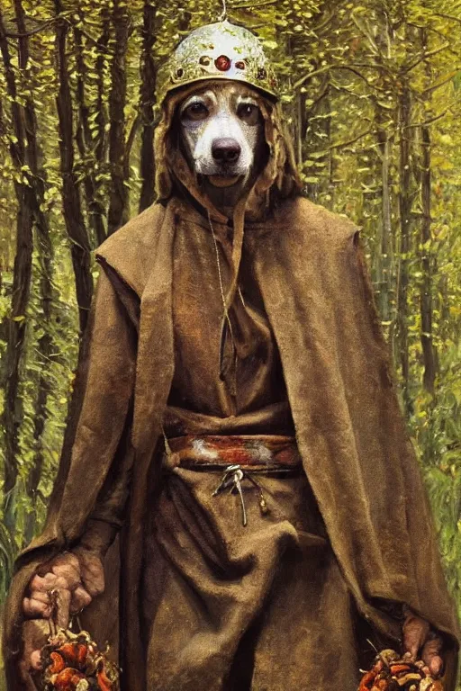 Prompt: Slavic dog head man, woolen torso in medieval clothes, walking in the forest, Orthodox Saint Christopher, oil painting, magic lights, painting by Viktor Vasnetsov, concept art, painting by Valentin Serov, hyperborea, beautiful dog head, hyperrealism, beautiful, high resolution, trending on artstation,