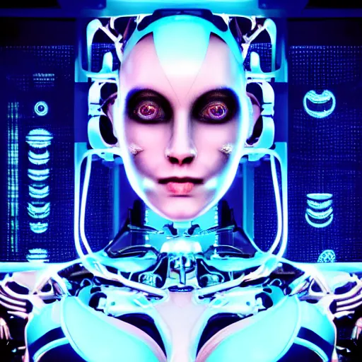 Prompt: an extremely beautiful biomechanical female robot with large emoji tattoos, twins, neon jacuzzi, oppai cyberpunk, chimeric organism, holodeck, pale skin, organic polycarbon, glowing blue eyes, full frontal portrait, highly detailed, transhumanist hydration, symmetrical, priestess, mechanical, mendelbrot fractal, ray tracing, hyperdetailed, hyperrealistic, zdislaw beksinski, trending on artstation, octane render, hdr, uhd 4k