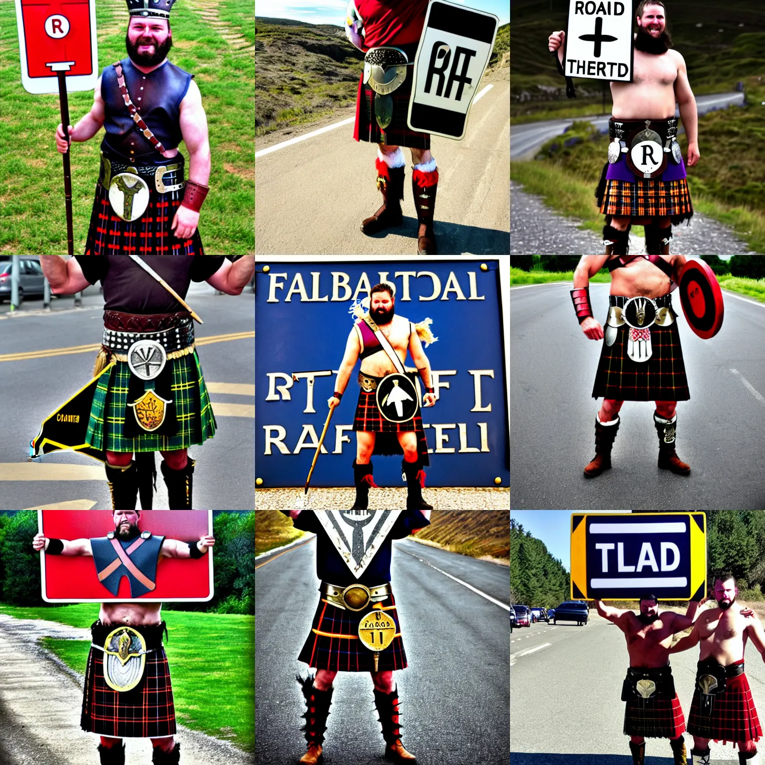 Prompt: gladiator wearing a road sign on his kilt