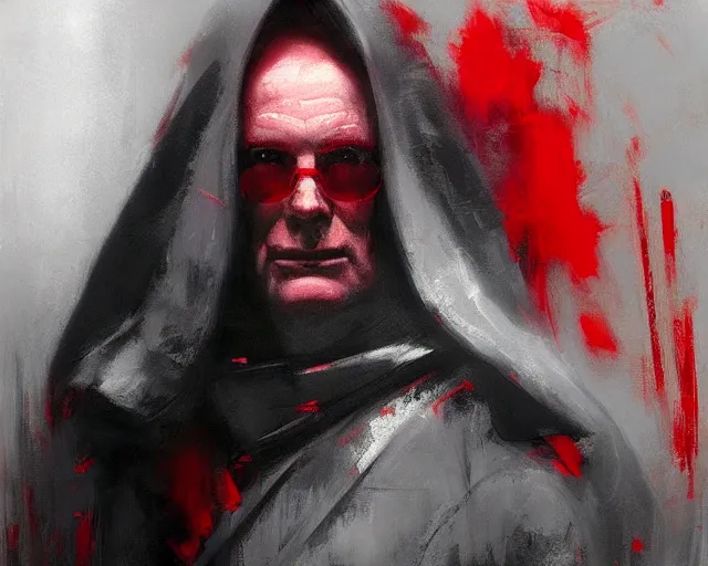 Image similar to portrait of palpatine ian mcdiarmid emperor with a hood in shades of grey but with red by jeremy mann