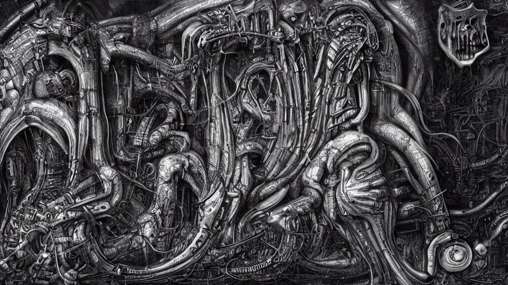 Prompt: Heart of the internet, style of Giger, H. R. GIGER, 4K, highly detailed