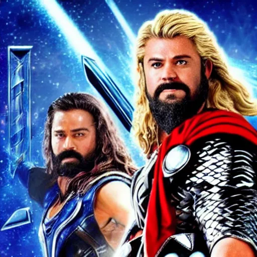 Image similar to film still of rocking star yash as thor in thor ragnarok