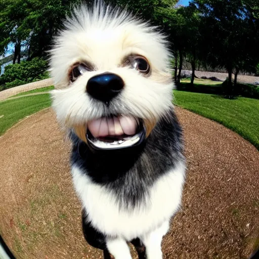 Prompt: widest fish eye lens extremely close to happy dog