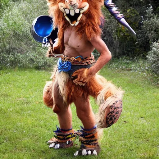 Prompt: Kimahri from Final Fantasy X played by Hobbes from Calvin and Hobbes