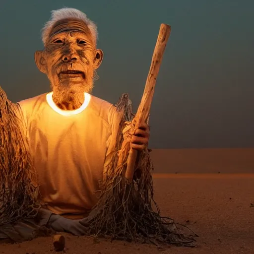 Prompt: full body shot of floating old asian man with long beard, his head covered in roots, full face occult silver mask, glowing eyes, wearing a large carved wooden fractal stick, smoke around him, in the burning soil desert, cinematic shot, wide angle, desert background, dry volumetric lighting by Denis Villeneuve, Lubezki, Gaspar Noe Christopher Doyle and Alejandro Jodorowsky, anamorphic lens, anamorphic lens flares, kodakchrome, cinematic composition, practical effects, award winning photo, 8k