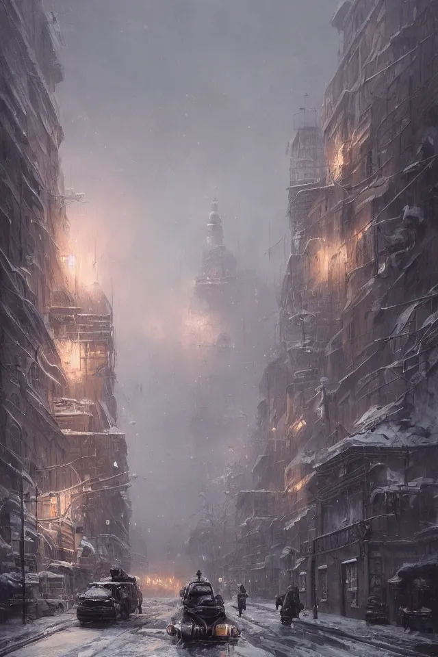 Image similar to highly detailed painting of dieselpunk stockholm, winter, snow, dystopia, by greg rutkowski, 4 k resolution, trending on artstation