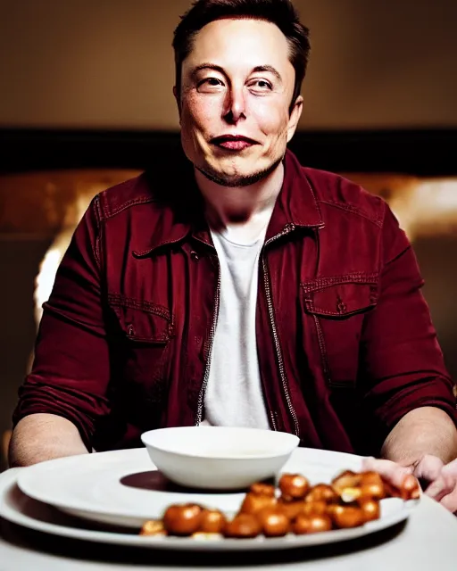 Image similar to a portrait of elon musk sitting at the dining table with a plate containing gulab jamun in front of him, highly detailed, trending on artstation, bokeh, 9 0 mm, f / 1. 4