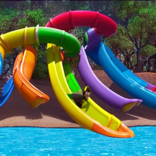 Image similar to a Still from a pixar movie of kids coming down a waterslide