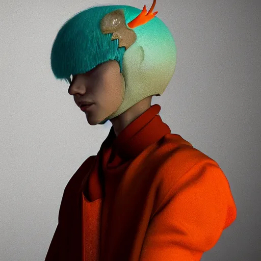 Image similar to character art of a human with bird head, trending on art station, orange and teal color, cgsociety, octane render