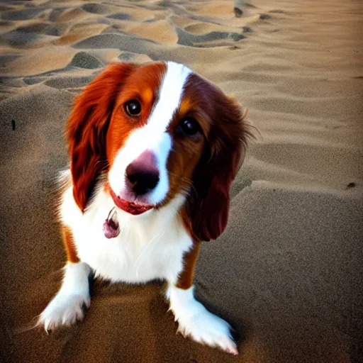 Image similar to kooikerhondje dog profile picture in the beach, photorealistic