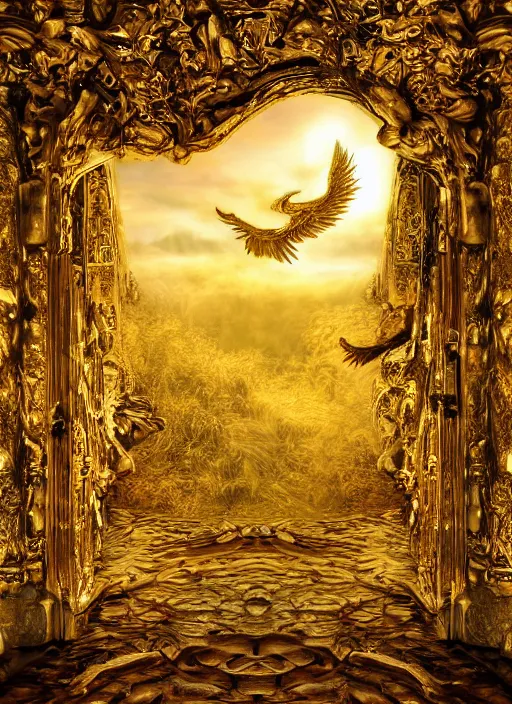 Image similar to Fine Art photo landscape, gates of heaven, golden kingdom, Flying angels, photorealism, 8k