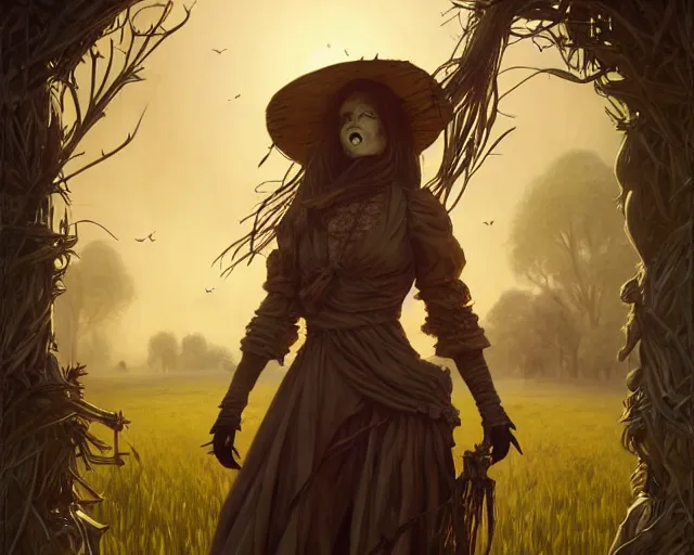 Image similar to field of scarecrows horror scene scary, deep focus, d & d, fantasy, intricate, elegant, highly detailed, digital painting, artstation, concept art, matte, sharp focus, illustration, hearthstone, art by artgerm and greg rutkowski and alphonse mucha