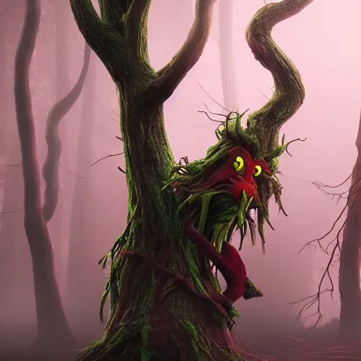 Prompt: concept art, rotten tree spirit lost in a dark foggy red forest, extremely detailed, golden ratio, octane render