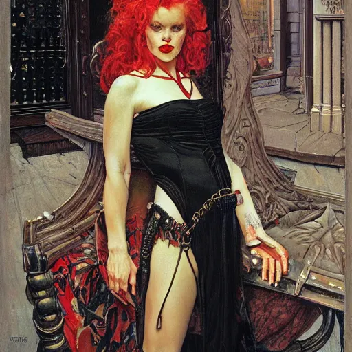 Image similar to portrait of an urban female vampire, with an unusual sense of fashion, by donato giancola and norman rockwell.