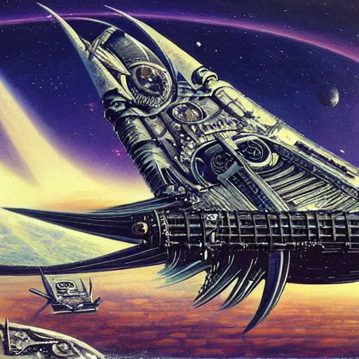 Image similar to atompunk space ship sailing the infinite cosmos, grand scale, raygun gothic style, painting by h. r. giger