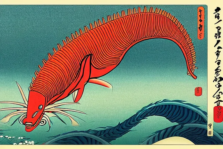 Prompt: ukiyoe painting of cambrian era anomolocarus, trending on artstation