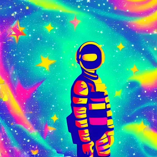 Prompt: Medium shot of an astronaut floating in space designed by Lisa Frank, digital art, cartoon art, acrylic, bokeh, synthwave, retro,