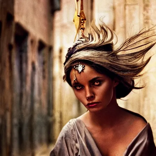 Image similar to beautiful portrait of a female sorceress, 35mm, cinematic atmosphere, photorealistic, depth of field, style of irwing penn and steve mccurry