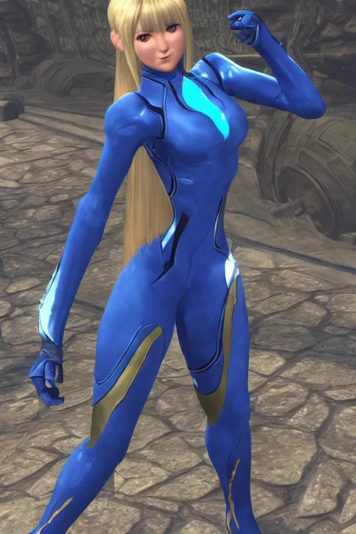 Image similar to in game footage of zero suit samus in skyrim, skyrim art style.