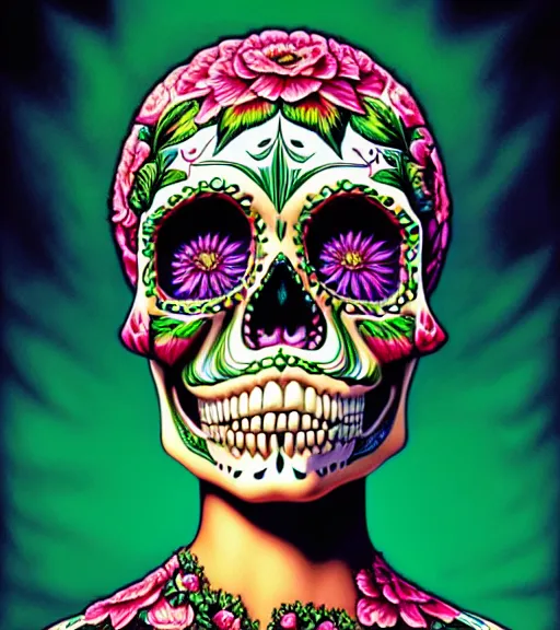 Prompt: a gorgeous fancy skull lady by dan mumford and gil elvgren, sugar skull, hyperrealism, intricate details, exceptional beauty, fool, rasterized