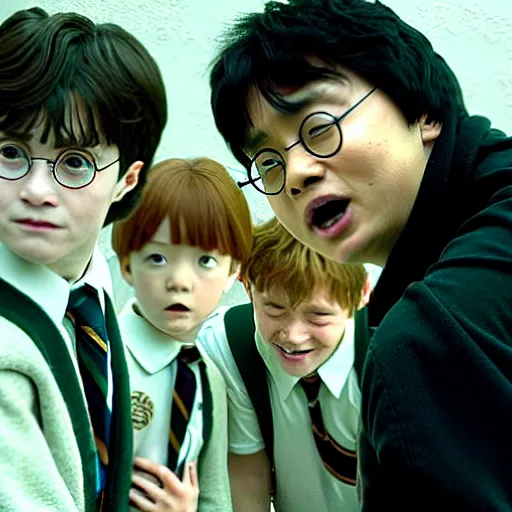 Prompt: harry potter using crucio on voldemort while ginny and cho chang applaud and ron cries