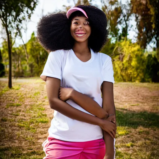 Prompt: stylish portrait of a young woman with an afro wearing a tennis visor, smiling, outside, sigma 8 5 mm f / 1. 4, realistic photo