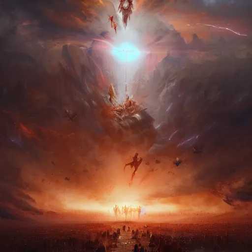 Prompt: cataclysmic war in heaven, by greg rutkowski, sung choi, photo realistic, 8 k, cinematic lighting, hd, atmospheric, hyperdetailed, trending on artstation, devainart, digital painting, glow effect