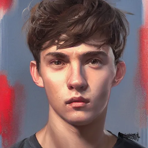 Image similar to Portrait of a man by Greg Rutkowski, he is about 20 years old, french features, attractive, short brown hair with bangs, athletic and strong, gallant, childhood friend vibes, he is wearing red and black utilitarian jumpsuit, highly detailed portrait, digital painting, artstation, concept art, smooth, sharp foccus ilustration, Artstation HQ.