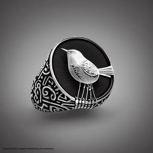 Image similar to silver ring with an engraved bird with a black gem on it's back it, highly detailed, digital painting, trending on artstation, concept art, sharp focus, illustration, art by artgerm and greg rutkowski and magali villeneuve