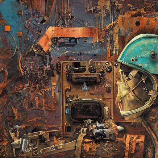 Prompt: junky men repair himself, cybertronic gadgets and vr helmet, flesh + technology, durty colours, rotten textures, rusty shapes, ralph meyer, biotechnology, norman rockwell, viktor safonkin, dariusz zawadzki, bruce pennington, larry elmore, intricate details, hyperrealistic oil painting on canvas, deep depth field