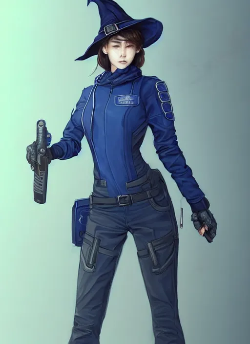 Image similar to full body portrait of a blue techwear uniform witch with guns. detailed face, concept art, digital art, intricate, highly detailed 8 k, smooth, sharp focus, beautiful and aesthetic shape of face and body, artgerm, artstation, art by zexi guo and nira and kafun and gharliera and rinotuna