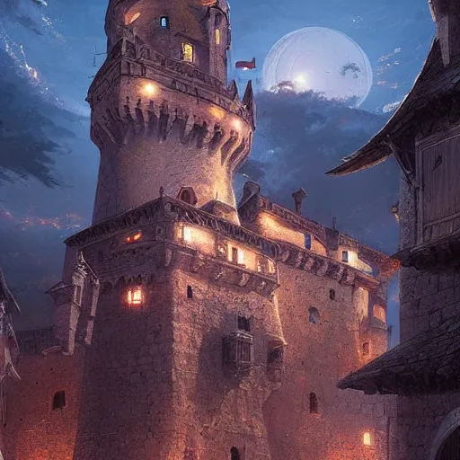 Image similar to a beautiful medieval castle at night, during a siege, in anime style highly detailed by Raphael Lacoste, greg rutkowski, makoto shinkai