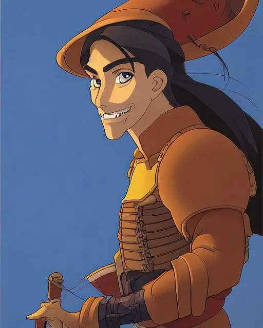 Prompt: portrait of a spanish conquistador, by daniel zrom and disney concept artists and masamune shirow and josan gonzales and studio ghibli, treasure planet movie still, treasure planet movie color scheme, symmetric, handsome