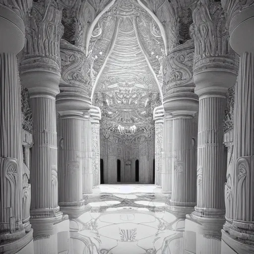 Image similar to the interior of a beautiful white temple carved into a mountain, large white halls with gigantic pillars, marble floor, digital artwork, fantasy, epic, realistic, high quality, detailed, wallpaper,