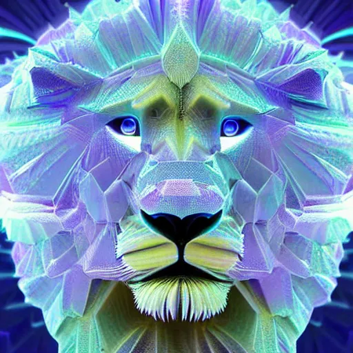 Image similar to a crystalline 3 d mandelbulb fractal in the shape of a lion, bioluminescent opal, fractal, magnificent lighting, ethereal, ray tracing, octane