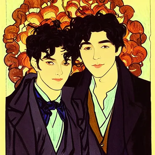 Image similar to painting of young cute handsome beautiful dark medium wavy hair man in his 2 0 s named shadow taehyung and cute handsome beautiful min - jun together at the halloween! party, bubbling cauldron!, candles!, smoke, autumn! colors, elegant, wearing suits!, delicate facial features, art by alphonse mucha, vincent van gogh, egon schiele