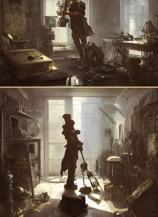 Prompt: portrait of Jordan Peterson cleaning his steampunk style room, digital painting, concept art, smooth, sharp focus, illustration, from Metal Gear, by Ruan Jia and Mandy Jurgens and William-Adolphe Bouguereau, Artgerm