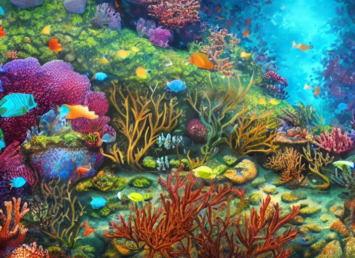 Prompt: overgrown foliage overtaking favela, underwater, colorful coral reef, scenery, professional, award - winning, trending on artstation, detailed, realistic, beautiful, emotional, shiny, golden, picture